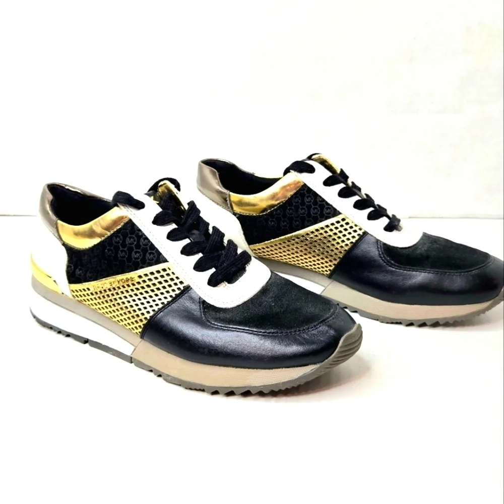 Michael Kors leather sneakers.  Black/metallic gold/white. Blinged out 7…